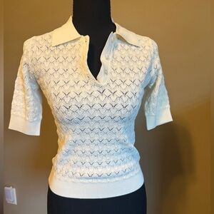 Sea New York Eyelet Knit Polo Top Ivory Short Sleeve XS